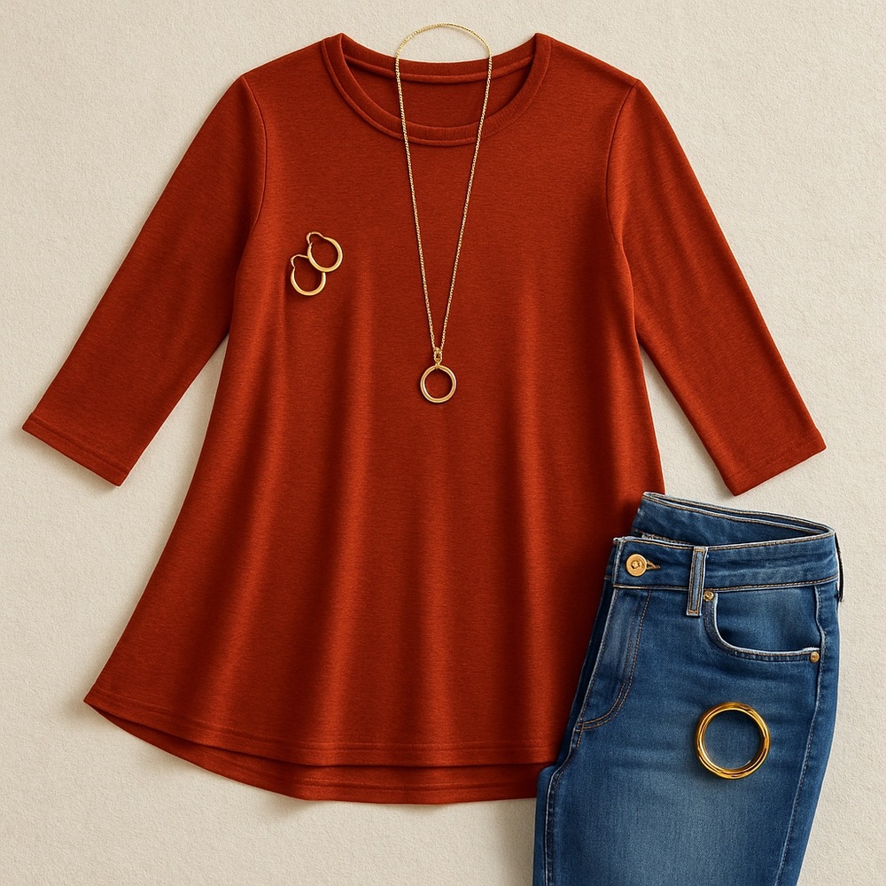 Kim & Cami Burnt Orange Stretch Knit Swing Top — Size Small